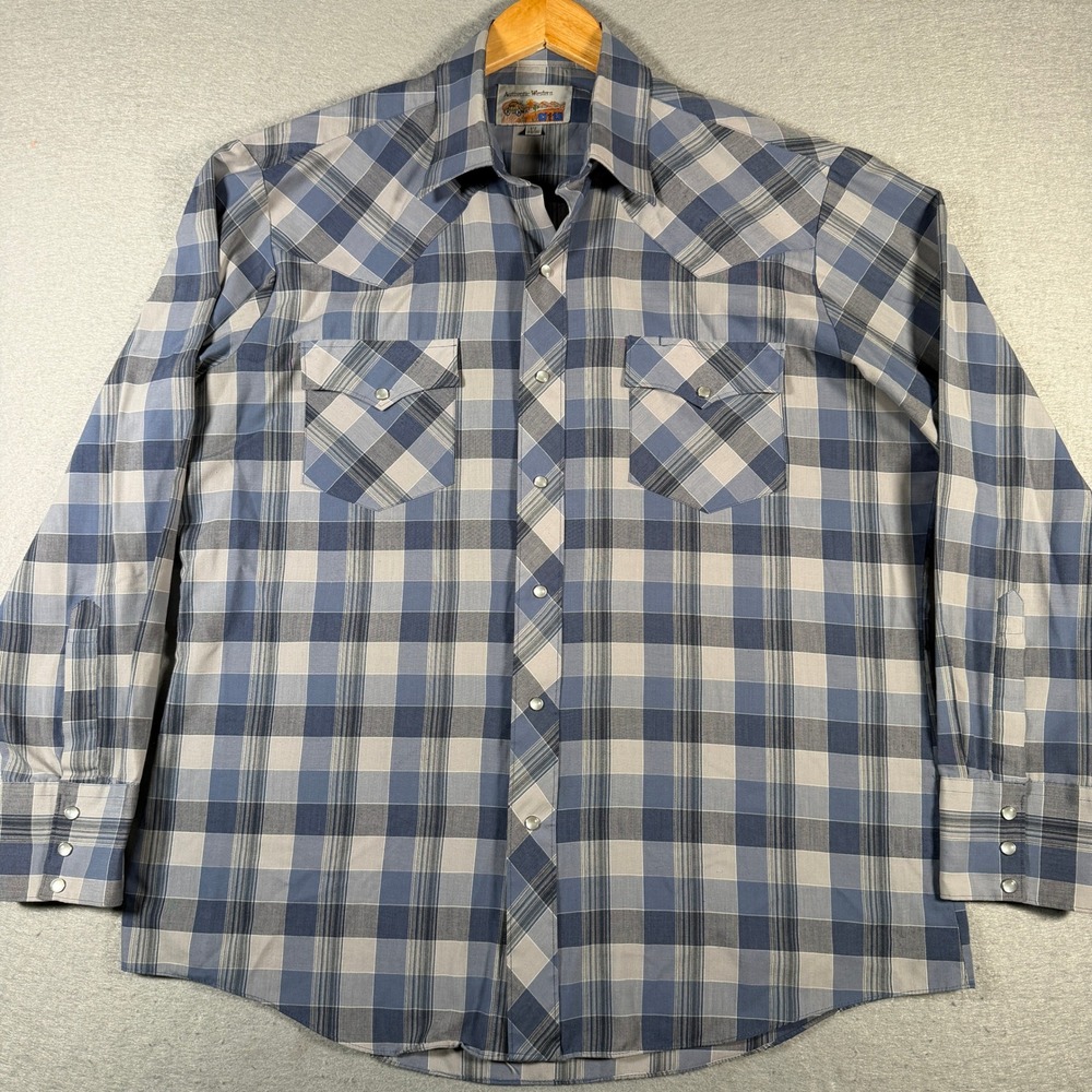 Authentic Western Plaid Snap Button‎ Long Sleeve Shirt Men 17 34/35 Blue 90's